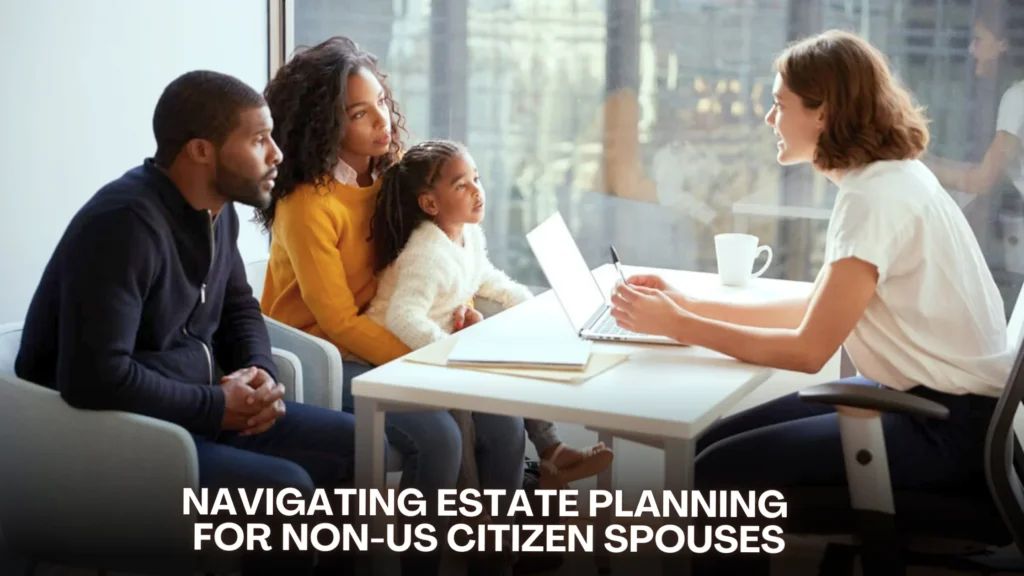 A family consulting with a professional in an office, discussing estate planning for non-U.S. citizen spouses
