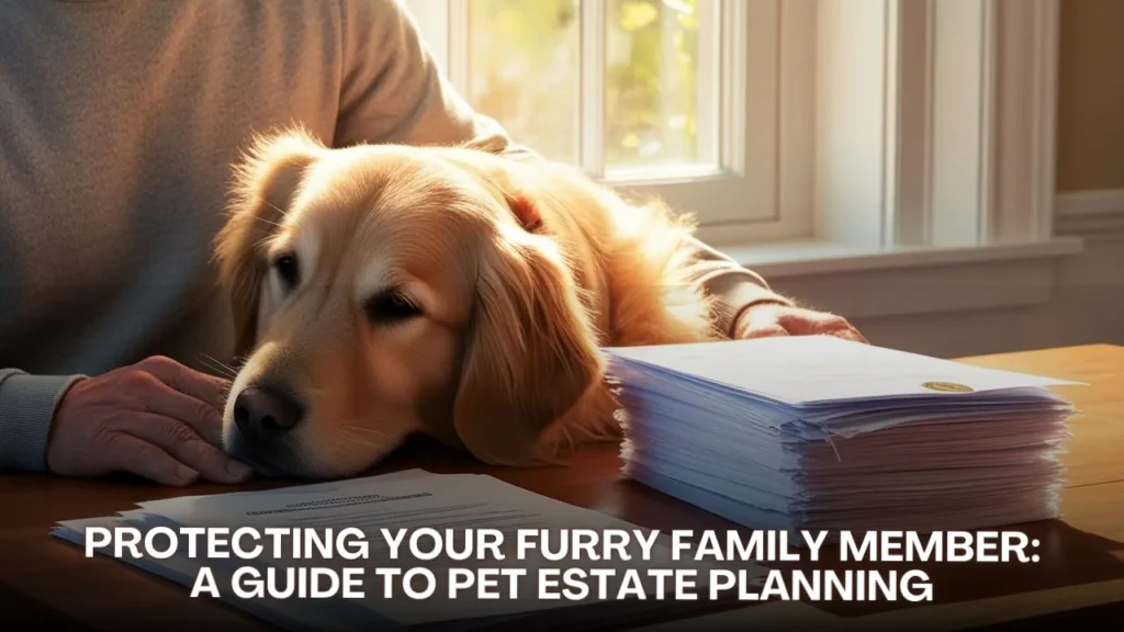 Dog laying next to estate planning papers with an owner’s hand in view.