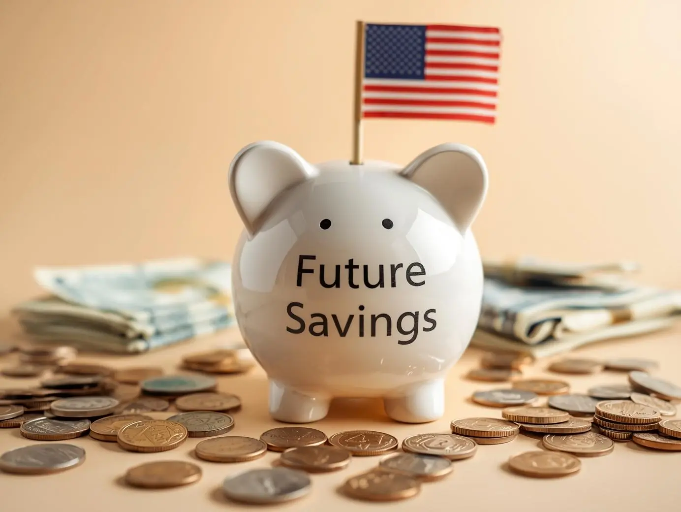 Piggy bank with “Future Savings” and U.S. flag