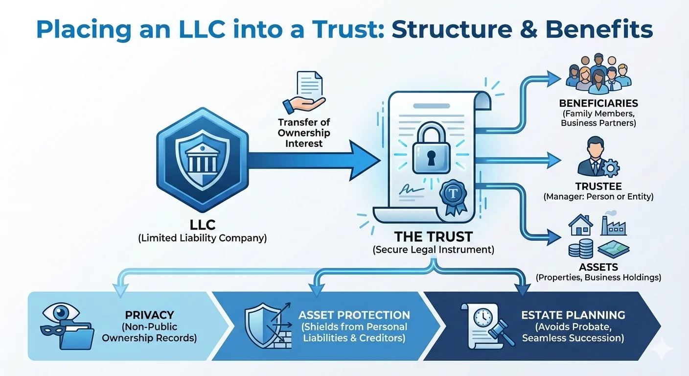 Infographic explaining putting your LLC in a trust and its benefits