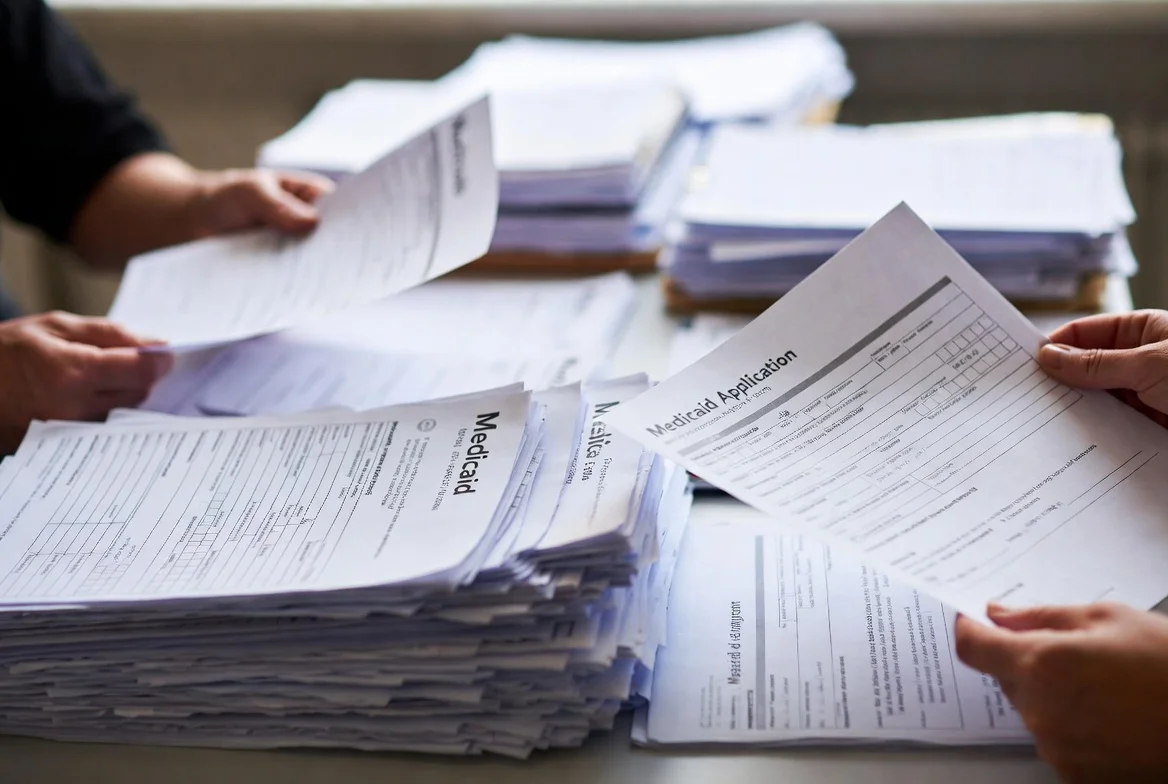 A close-up of Medicaid application forms being reviewed, illustrating the process for Medicaid eligibility in New York and NYC
