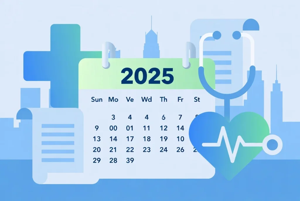 A visual representation of the year 2025 with healthcare symbols, representing potential changes to Medicaid eligibility in New York State by 2025
