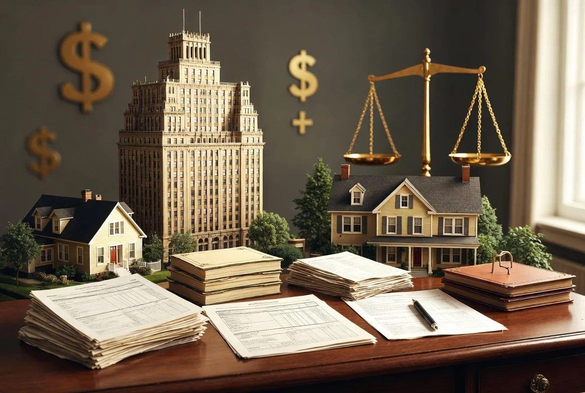 NY estate tax concept with houses, documents, and scales