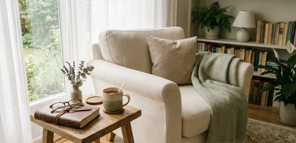 Care Home Planning in a Comfortable Setting Warm living room with legal journal and tea