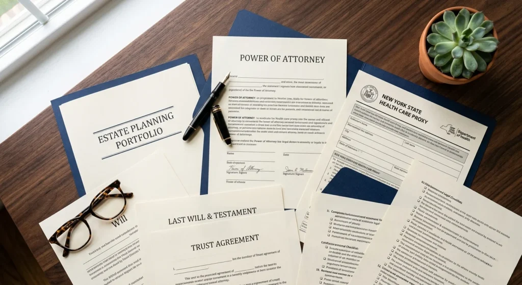 Essential Estate Planning Documents Power of attorney and healthcare proxy documents on desk with glasses
