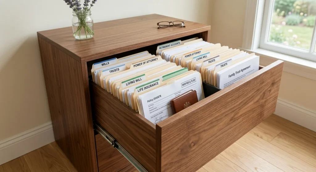 Estate Planning Organization Organized estate planning files in a filing cabinet.
