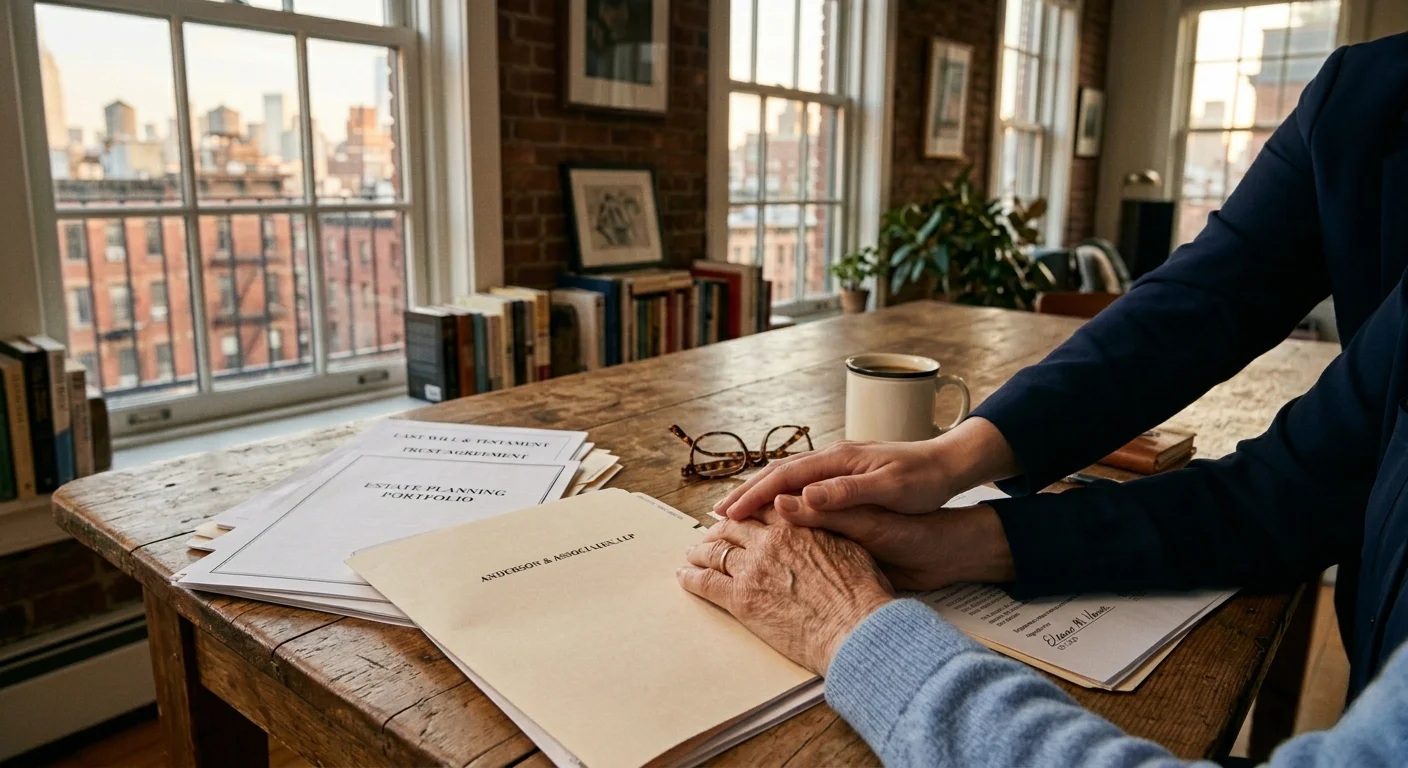 Hands holding across table with estate planning documents in New York apartment