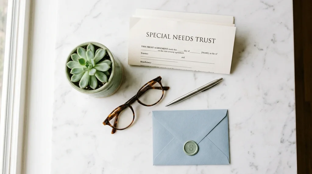 Planning for Your Child's Future Special Needs Trust document with glasses, pen, and sealed envelope on marble surface