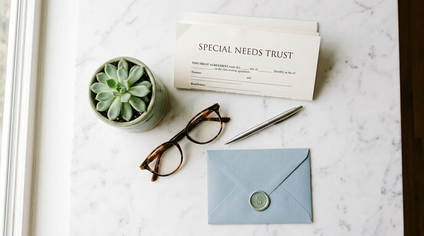 Special Needs Trust document with glasses, pen, and sealed envelope on marble surface
