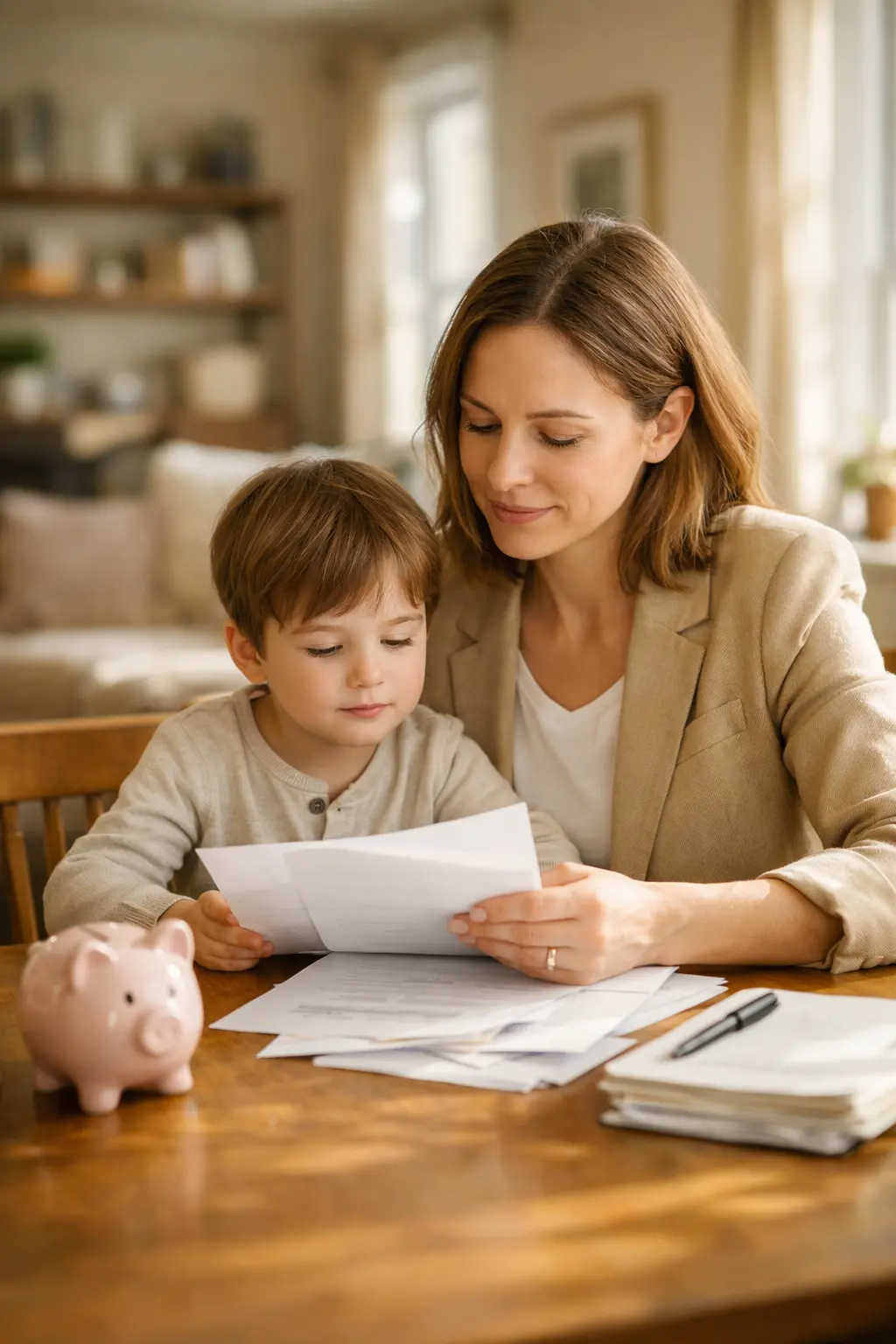 Parent and child reviewing trust paperwork together
