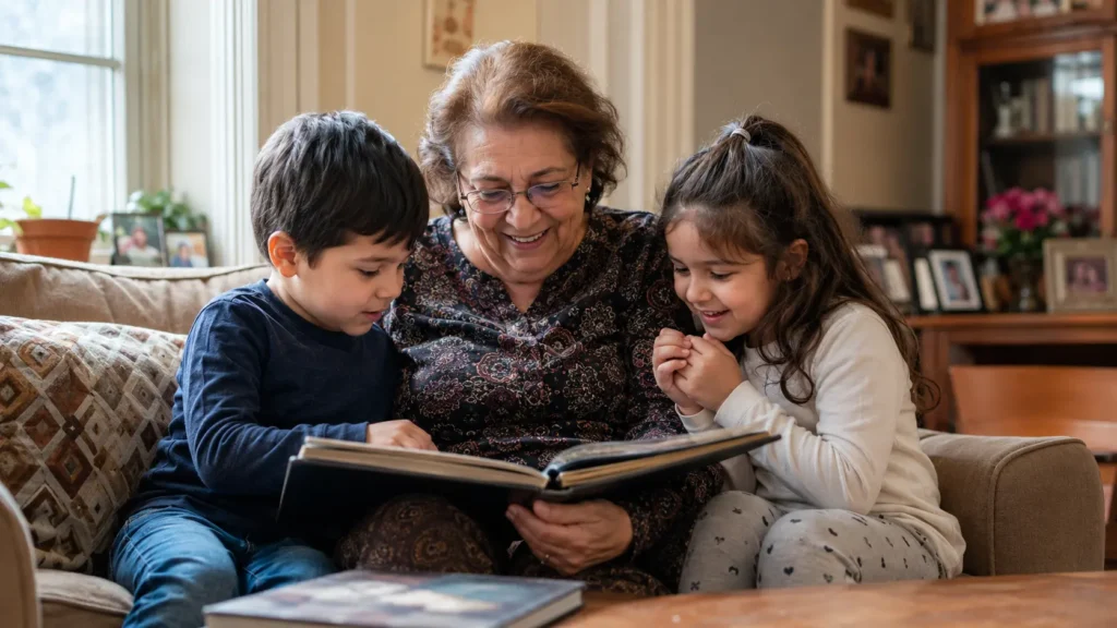 Grandmother and grandchildren together at home
